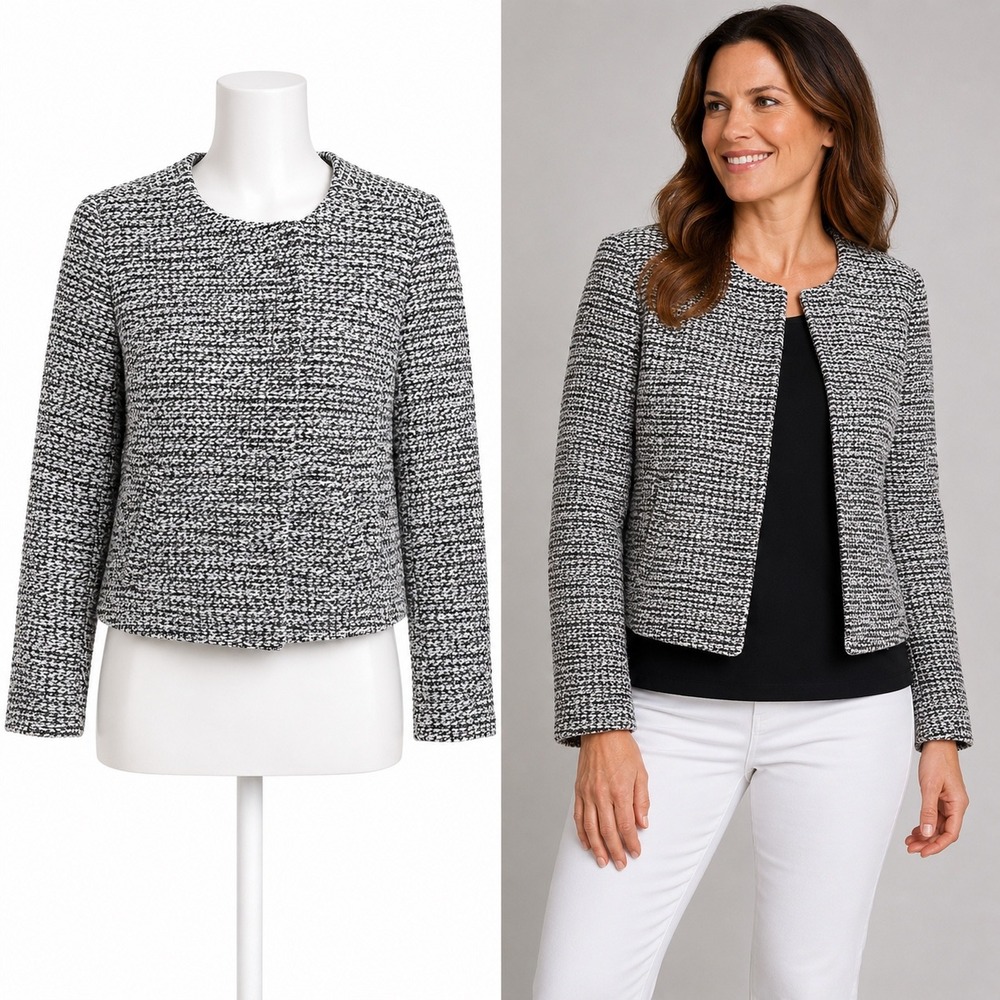 LOFT Jacket Womens 4 Black White Tweed Style Asymmetric Zip Collarless Textured